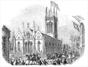The procession, passing St. Michael's Church, Stamford, 1844. Creator: Unknown.