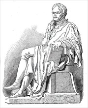 Statue of the late Dr. Dalton, 1844. Sculpture by Sr Francis Chantrey of British chemist and physicist John Dalton. From "Illustrated London News", 1844, Vol V.