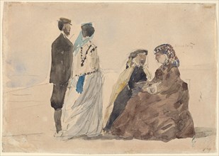 Two Ladies Seated and a Couple Walking on the Beach