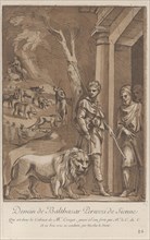 A shepherd holding a lion on a leash in the foreground