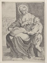 The Virgin seated holding a pillow on her lap with the young Christ standing at right...