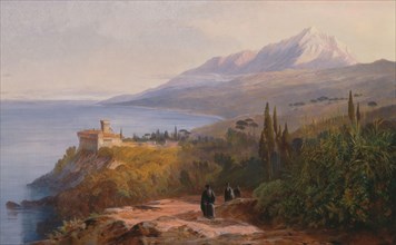 Mount Athos and the Monastery of Stavronikétes, 1857.