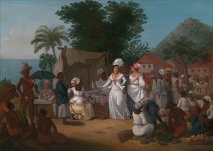 A Linen Market with a Linen-stall and Vegetable Seller in the West Indies, ca. 1780.