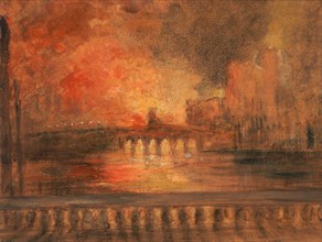 The Burning of the Houses of Parliament;Fire at the House of Commons, ca. 1834. Formerly attributed to Joseph Mallord William Turner and Peter DeWint