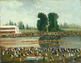 Rowing Scene: Crowds Watching from the River Banks, late 19th century.