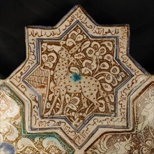 Star-Shaped Tile, Iran, 13th century. Apotted mule surrounded by a border of naskh inscription of Qur?anic (Suras 112 and 114).