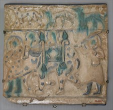 Tile from a Frieze, Iran, second half 13th century. A scene from the Shahnama possibly depicting  Bahram Gur returning to India with his bride