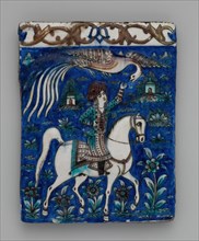 Tile with an Image of a Prince on Horseback, Iran, second half 19th century. Man on horseback with his hand extended toward Huma, the fabulous bird, embodiment of health and strength,