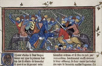 Charles Martel at the Battle of Tours. Miniature from Les Grandes chroniques de France (Royal 16 G VI), ca 1332-1350 . Found in the collection of British Library.