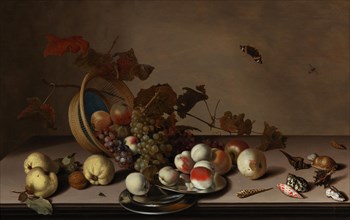 Fruit still life with wicker basket, mussels and butterfly, First Half of 17th cen. Private Collection.