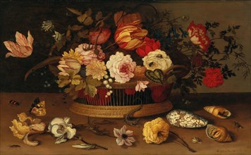 A wicker basket with flowers and shells on a stone-ledge. Private Collection.