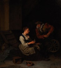 A Cavalier and a Woman at the Spinning Wheel, 1662. Private Collection.