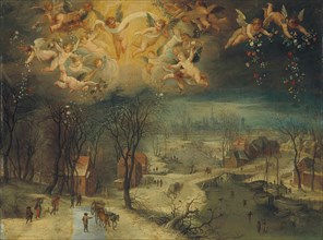 A winter landscape with villagers gathering wood and skaters on a frozen river, putti scattering flowers above, First third of 17th cen. Private Collection.