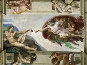 The Creation of Adam (Sistine Chapel ceiling in the Vatican), 1508-1512. Found in the collection of The Sistine Chapel, Vatican.