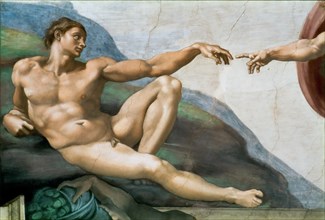 The Creation of Adam. Detail (Sistine Chapel ceiling in the Vatican), 1508-1512. Found in the collection of The Sistine Chapel, Vatican.