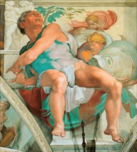 Prophets and Sibyls: Jonah (Sistine Chapel ceiling in the Vatican), 1508-1512. Found in the collection of The Sistine Chapel, Vatican.