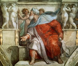 Prophets and Sibyls: Ezekiel (Sistine Chapel ceiling in the Vatican), 1508-1512. Found in the collection of The Sistine Chapel, Vatican.