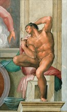 Ignudo (Sistine Chapel ceiling in the Vatican), 1508-1512. Found in the collection of The Sistine Chapel, Vatican.
