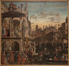 Miracle of the Holy Cross at the Ponte di Rialto, c. 1496. Found in the collection of Gallerie dell'Accademia, Venice.