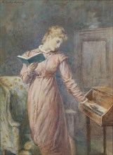 A lady reading while playing the spinet. Private Collection.