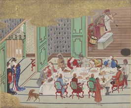 Dutch banquet, Nagasaki (Christmas Eve), from Bankan-zu, 1797. Found in the collection of Bibliothèque Nationale de France.