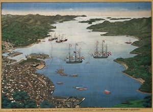 The island of Deshima in the bay of Nagasaki with the ships Vasco da Gama and Johanna Elisabeth, ca 1825. Found in the collection of Museum aan de Stroom.