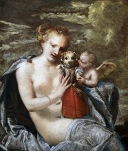 Venus, Cupid and little dog dressed as a child. Private Collection.