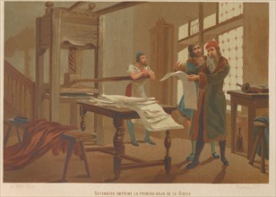 Gutenberg prints the first page of the Bible. From: La ciencia y sus hombres, 1879. Private Collection.