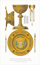 Chalice, diskos, spoon and liturgical spear of 1680. From the Antiquities of the Russian State, 1849-1853. Private Collection.
