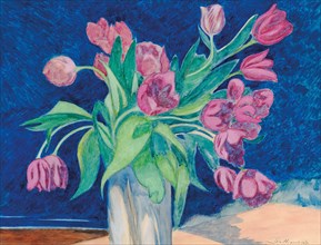 Pink tulips in a vase, in the background a seascape with dunes, 1935. Private Collection.