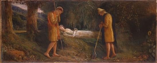 Imogen and the Shepherds 1860-1870. An illustration of Cymbeline Act IV, sc ii. The brothers Guiderius and Arveragus mourning over Imogen. This painting was part of a collection of 8 works including 5...