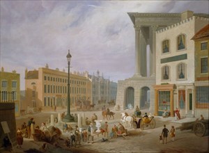 Birmingham Town Hall and Queen's College. The foreground of this painting is now Victoria Square, Birmingham. The pillars of the Town Hall protrude from behind a castellated building known in the 18th...