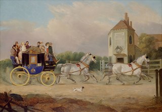 Stourbridge to Birmingham Royal Mail Coach, 1842. Royal Mail coach, 'Independent' passing through Quinton Gate.