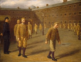 Retribution, 1880. This is the last of five pictures in 'The Race for Wealth' series depicting the rise and fall of a crooked financier. The scene is set in Millbank Prison which Frith photographed wi...