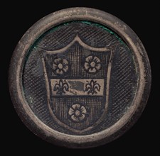 Shield with three roses and two fleur de lys.