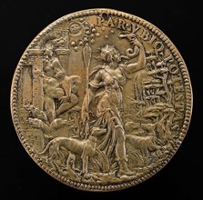 Ippolita as Diana with Hunting Dogs in a Landscape; behind her Pluto and Cerberus [reverse], 1551.