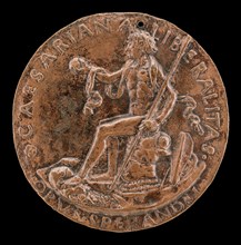 Figure Seated on a Cuirass, Holding a Globe and Spear [reverse], c. 1462.