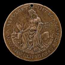 Prudence Seated on Two Hounds Holding Manfredi Shield [reverse], c. 1463.