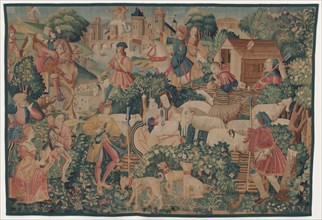 Hunting and Pastoral Scenes, with a shepherdess shearing, c. 1510.