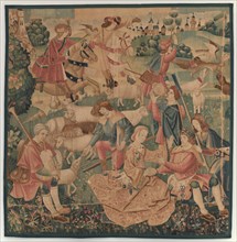 Hunting and Pastoral Scenes, with a wreathed hero between ladies, c. 1510.