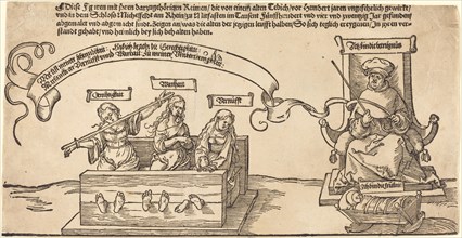 Justice, Truth and Reason in the Stocks with the Seated Judge and Sleeping Piety, probably 1526.