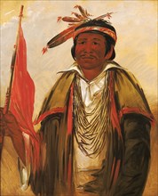 Ke-chím-qua, Big Bear, 1830. With a wampum on his neck, and red flag in his hand, the symbol of war or ?blood.?