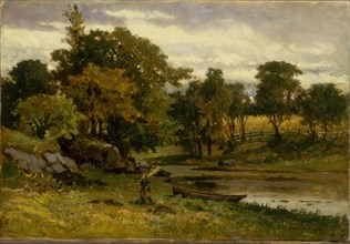 Untitled (landscape, boat moored near stream, man walking in foreground), 1879.
