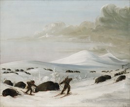 Buffalo Chase in Snowdrifts, Indians Pursuing on Snowshoes, 1832-1833. Indians in snow shoes had an advantage over bison who sank in deep snow.
