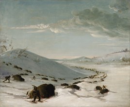 Buffalo Chase in Winter, Indians on Snowshoes, 1832-1833. Indians in snow shoes had an advantage over bison who sank in deep snow.