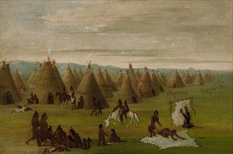 Comanche Village, Women Dressing Robes and Drying Meat, 1834-1835.