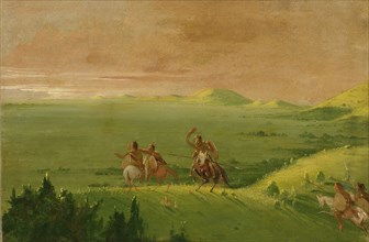 Comanche War Party, Chief Discovering the Enemy and Urging his Men at Sunrise, 1834-1835.