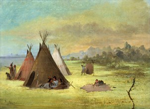 Indian Encampment, Comanche (or Kiowa) Dressing Skins, Red River, 1846-1848.