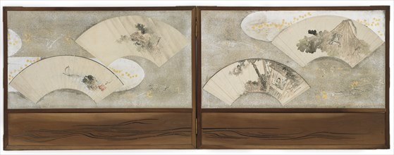 Four fan paintings mounted on a screen; "Frog on Lotus Leaf", "Scholar in a House", "Landscape", and "Boat and Rock", frog, ca.1814-15; scholar, ca. 1801-03; landscape, ca. 1825-30; boat, ca.1841. Pos...