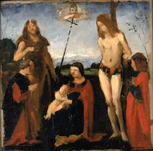 After Boltraffio, "Sacra Conversazione", 1878-1882. Virgin and child with John the Baptist, Saint Sebastian, and the patrons of the painting, Giacomo Marchione de Pandolfi da Casio and his son Girolam...